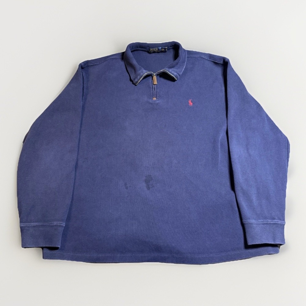 Polo Ralph Lauren XXL Sweater Men Navy Pullover Quarter Zip FLAWED With Stains